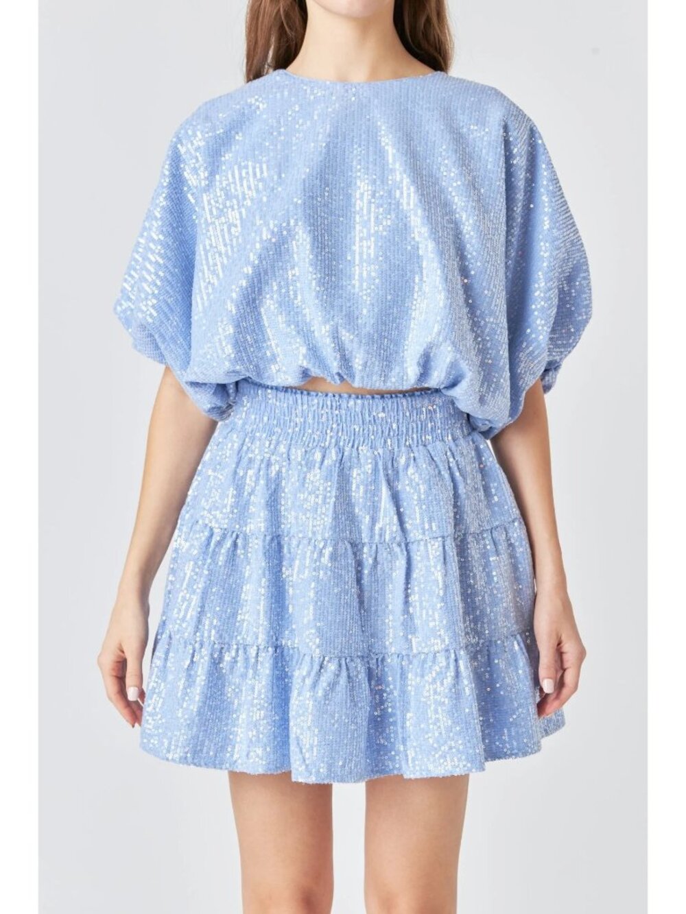 NWT Endless Rose Sequins Voluminous Crop Top Powder Blue Size Large